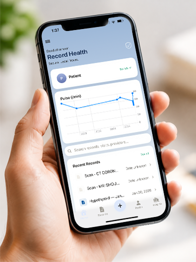 A hand holding an iPhone showing the Record Health app